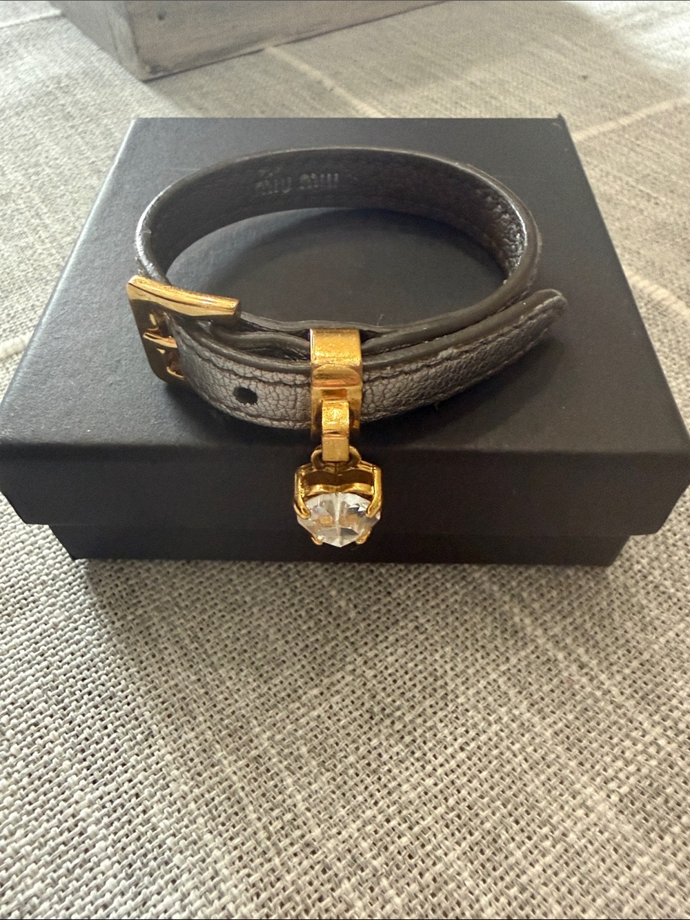 Miu Miu Gray Leather Wrap Bracelet with Gold Crystal Charm